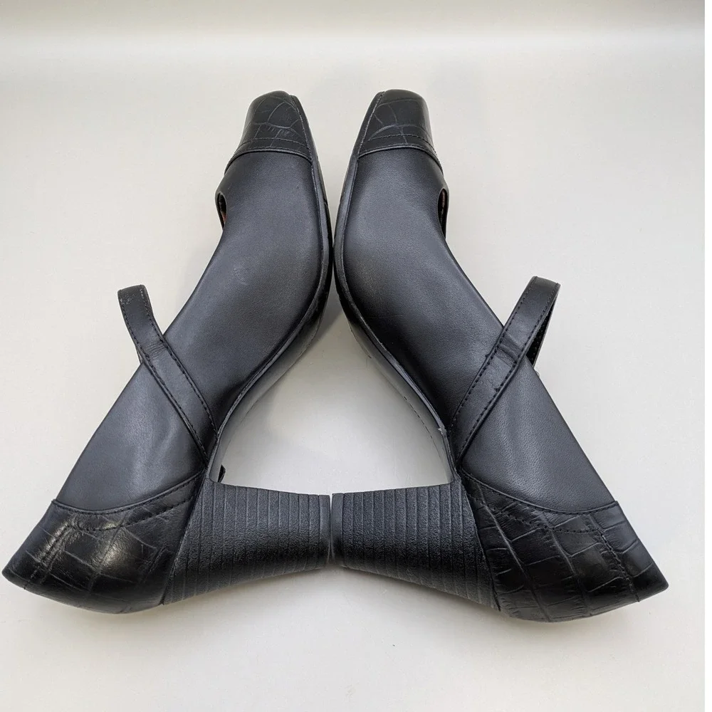 Clarks Bendables Black Leather Mary Jane Block Heel Pumps Croc Embossed Size 7M